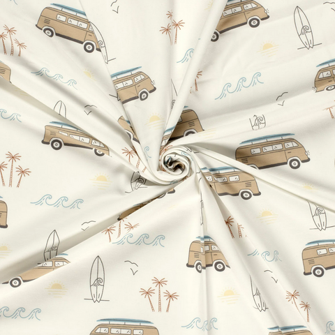 Baumwolle Jersey Stoff bedruckt Fahrzeuge Wollweiß